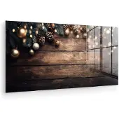 MuchoWow Glasschilderij 160x80 cm - Schilderij acrylglas - Kerstdecoratie - Houten - Dennenappel - Bruin - Foto op glas - Muurdecoratie woonkamer - Wanddecoratie slaapkamer - Schilderijen