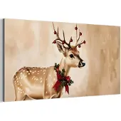 MuchoWow Aluminium schilderij 40x20 cm - Wanddecoratie metaal - Gewei - Kerst - Rendier - Rood - Metalen muurdecoratie woonkamer - Decoratie industrieel - Foto op dibond - Industriële accessoires slaapkamer