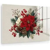 MuchoWow Glasschilderij 180x120 cm - Schilderij acrylglas - Kerststuk - Poinsettia - Dennenappels - Rood - Foto op glas - Muurdecoratie woonkamer - Wanddecoratie slaapkamer - Schilderijen