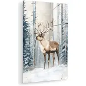 MuchoWow Glasschilderij 40x60 cm - Schilderij acrylglas - Rendier - Sneeuw - Woud - Wit - Foto op glas - Muurdecoratie woonkamer - Wanddecoratie slaapkamer - Schilderijen