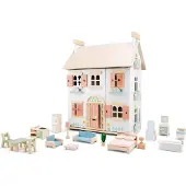 Woet Houten Poppenhuis - Compleet met 20 Meubels - Pastelkleurig Roze Speelhuis voor Kinderen - FSC - Rollenspel Speelgoed - Vanaf 3 Jaar