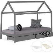 Homestyle4u Kinderbed met matras, huisbed, 90x200 cm, grijs, met bedopslag