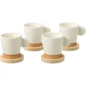 J-Line koffietas Met Oor + Bamboubasis - keramiek - wit/naturel - doos van 4