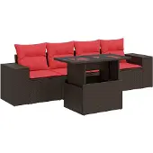 vidaXL 5-delige Loungeset met kussens poly rattan acacia bruin