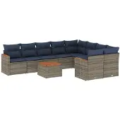 vidaXL 10-delige tuinbankset met kussens, grijs polyrotan