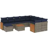 vidaXL 11-delige tuinbankset met kussens, grijs polyrotan