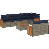 vidaXL 9-delige loungeset voor de tuin met kussens, grijs, kunststof vlechtwerk