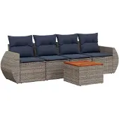 vidaXL 5-delige tuinbankset met kussens, grijs polyrotan