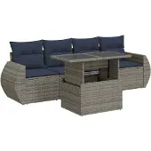 vidaXL 5-delige Loungeset met kussens poly rattan acacia grijs
