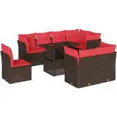 vidaXL 9-delige tuinbankset met kussens, bruin polyrotan