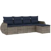 vidaXL 5-delige loungeset voor buiten, met kussens, grijs, kunststof riet