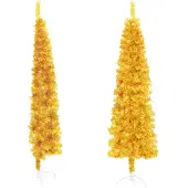 vidaXL Kunstkerstboom half met standaard smal 240 cm goudkleurig