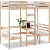 vidaXL Hoogslaper met bureau en stoelen massief grenenhout 80x200cm
