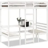 vidaXL Hoogslaper met bureau en stoelen, wit, 90x190 cm, grenenhout