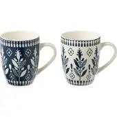 J-Line mok Bladeren - keramiek - blauw/wit - doos van 2