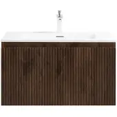 Guido Gusto Badkamermeubel Yuki 80cm walnoot inclusief wastafel met kraangat mat wit