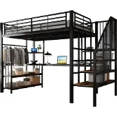 Merax Hoogslaper 120x200 cm - Zwart model met bureau, opbergruimte & oplaadpunt