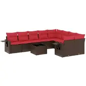 vidaXL 10-delige tuinbankset met kussens, bruin polyrotan