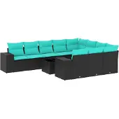 vidaXL 11-delige tuinbankset met kussens, zwart polyrotan