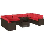 vidaXL 11-delige tuinbankset met kussens, bruin polyrotan