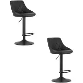 Leobert Set van 2 Barkrukken AREX - Kunstleer Zwart, Mat Zwarte Basis, Rugleuning, Modern Design, Hoogte Verstelbaar, 360° Draaibaar, Max. 120 kg