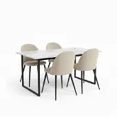 Ebuy24 Tilst eethoek eettafel wit marmerprint 90x160 4 stoelen velours beige.