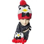 Sarlini Penguin Winterset - Muts & Sjaal - Meisjes - Rood/Zwart/Wit