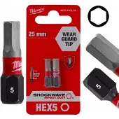Milwaukee Impact Bits HEX 5 Imbus 25mm Shockwave 2 Stuks