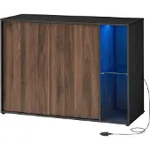Songmics Dressoir met verlichting en glazen plank, Natuurwalnoot + Ebbenzwart