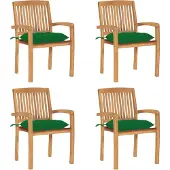 vidaXL Stapelbare tuinstoelen met kussens, 4 stuks, massief teak hout