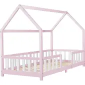 En.casa Kinderbed "Sisimiut" met huiselijke uitstraling, voorzien van valbeveiliging. Gemaakt van grenenhout, afmetingen 90 x 200 cm. Kleur: roze/wit