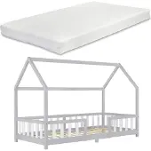 En.casa Kinderbed Sisimiut met matras 90x200 cm lichtgrijs en wit