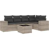 vidaXL 6-delige Loungeset met kussens poly rattan lichtgrijs