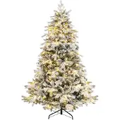 Costway Kunstkerstboom, 180 cm, met sneeuwgevlokken, met warmwitte ledlampen, wit + groen