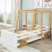 OKWISH Kinderbed 90x200 – Jeep-Bed met MDF Wielen – Houten Bedframe – Grenen – Wit