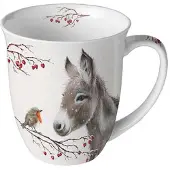 Ambiente -mok-beker-met oor-donkey-ezel-robin-roodborstje-porselein-breekbaar-cadeau-kado