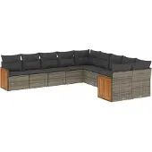 vidaXL 10-delige Loungeset met kussens poly rattan grijs