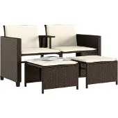 vidaXL Tuinbank 2-zits met tafel en voetenbanken poly rattan bruin