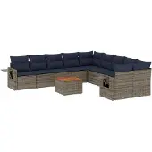 vidaXL 11-delige tuinbankset met kussens, grijs polyrotan