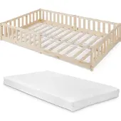 En.casa Kinderbed 'Tanna', vloerbed met matras 120 x 200 cm, Montessori bed met valbeveiliging, grenenhout, naturel