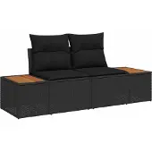 vidaXL Tuinbank Set met kussen met opslag Zwart poly rattan