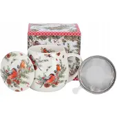 Duo Christmas Birds Mok met Zeef en Deksel - 430ml Porselein