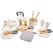 Woet Houten Servies en Pannenset voor Kinderen - 20-delige Speelset met Pannetjes, Servies en Bestek - Speelgoedkeuken Accessoires voor Kinderen - Rollenspel Keukenspeelgoed - Vanaf 2 Jaar