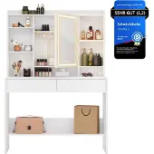 Vasagle kaptafel met LED-verlichting cosmeticatafel met verstelbare planken, 2 laden, modern, wit