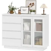 HOMCOM dressoir - met 4 lades - 2 glazen deuren - wit