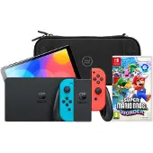 Nintendo Switch OLED Blauw/Rood + Super Mario Bros. Wonder + BlueBuilt Beschermhoes