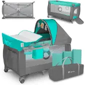 Lionelo Sven Plus 2in1 Meegroeibed & Campingbedje - 127x60 cm - Tot 15 kg - Co-Sleeper - Reisbed met Commode, Organizer, Klamboe en Interactief Speelgoed