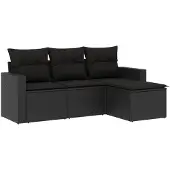 vidaXL 4-delige tuinmeubelset met kussens, zwart, polyrotan