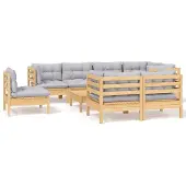 vidaXL 9-delige loungeset voor de tuin met grijze kussens, gemaakt van massief grenenhout