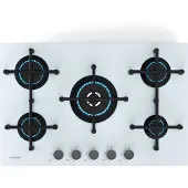 Klarstein Illuminosa 5 gaskookplaat, 5 Sabaf-branders, 4 kW wokbrander, gehard glas, elektrische ontsteking, vlambeveiliging, gietijzeren pannendragers, 76 cm breed, verbeterde kookprestaties